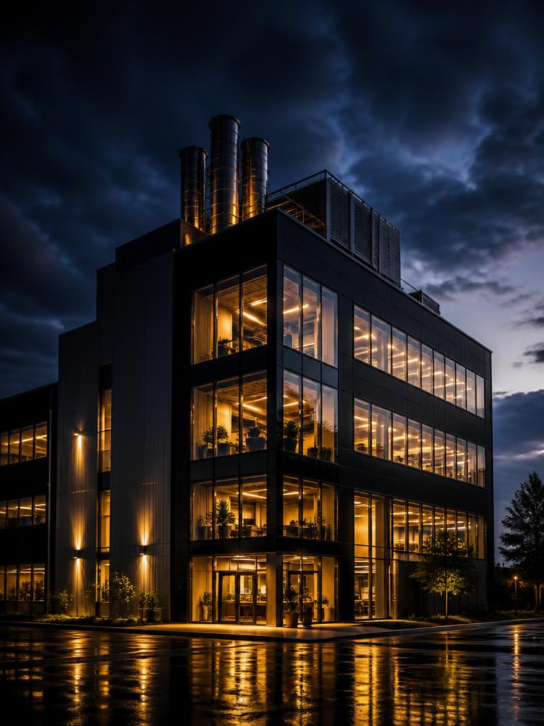 Commercial building at twilight, energy infrastructure visible